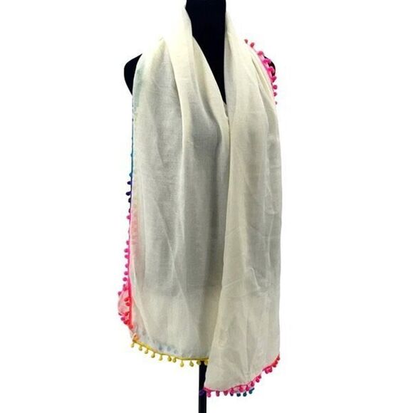 Lara‎ Ethnics Rainbow Pompom Scarf Cream Boho Colorful Light Weight - Picture 3 of 5